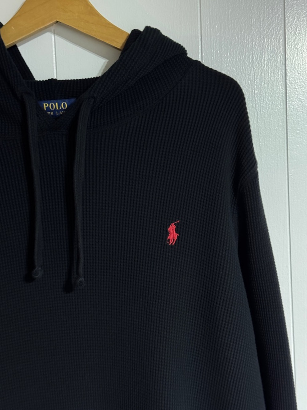 Polo Ralph Lauren Black Waffle Knit Hoodie Red Embroidered Logo XXL Y2K Blue Tag